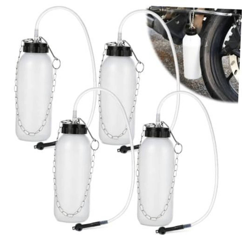 Brake fluid bleeder bottle kit with multiple white bottles, chains, and clear tubing hoses