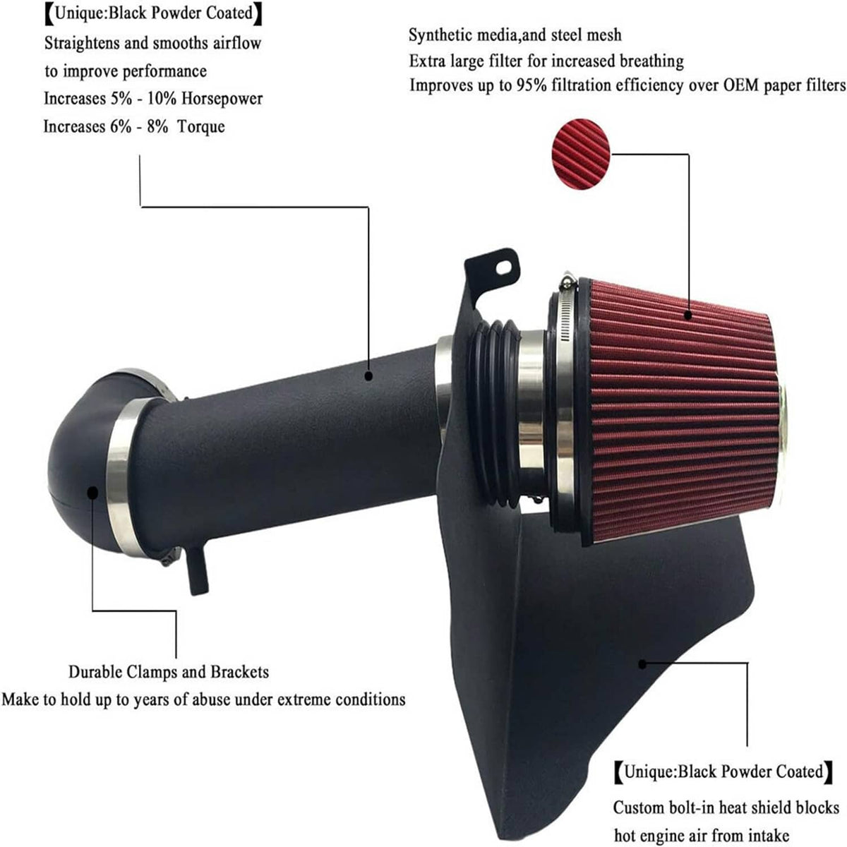 Cold air intake kit parts: red cone filter, black intake tube, and mounting bracket