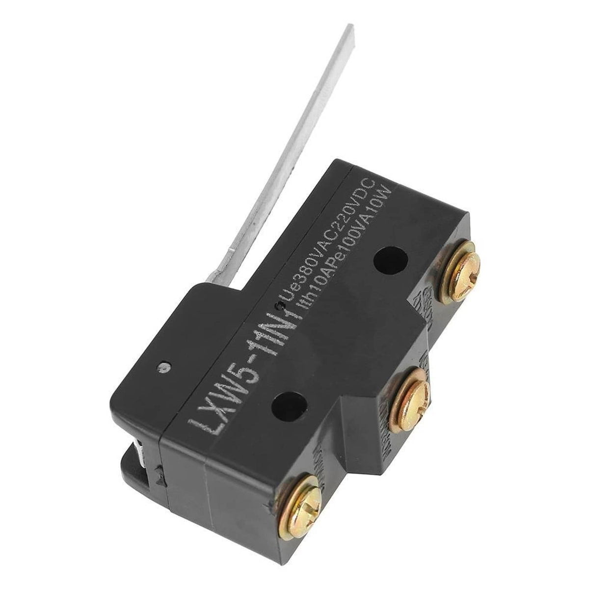 Micro limit switch with long lever and two gold screw terminals on black body