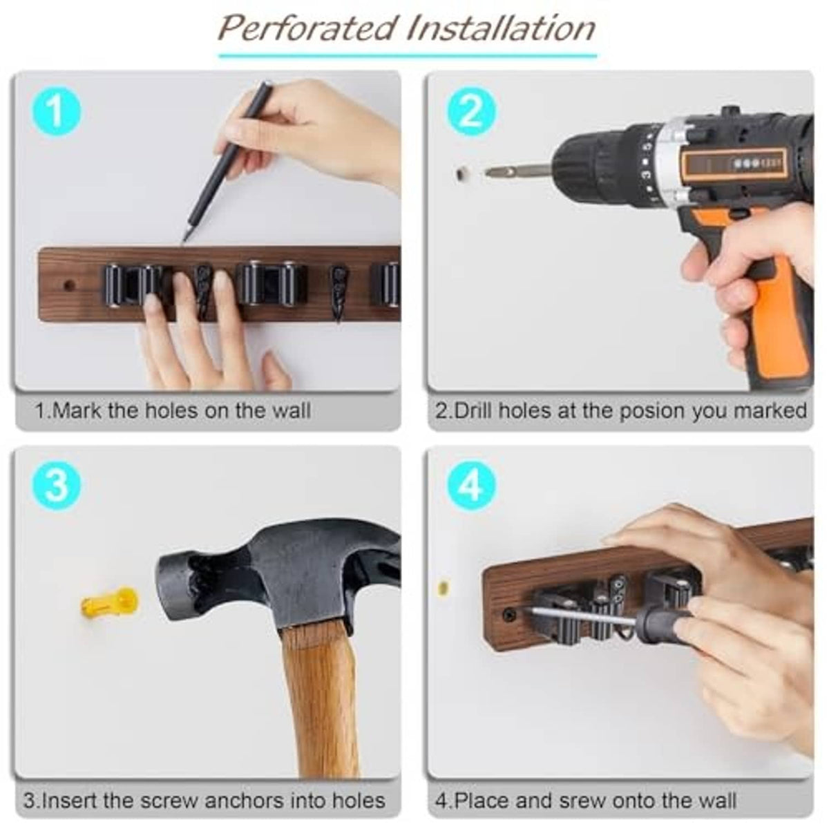 Installing wall-mounted mop and broom holder with drill, screws, and screw anchors