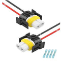 Two H11 headlight connector plugs with wire sleeves, red and black leads, yellow coil