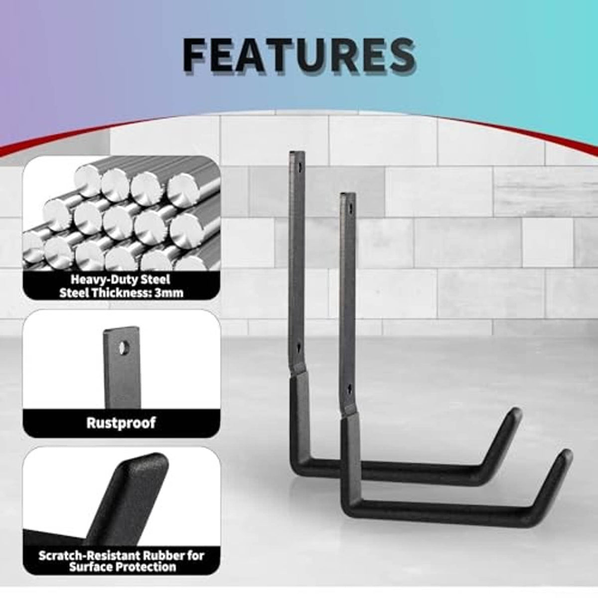 Steel wall hook with rustproof finish and black scratch-resistant rubber coating