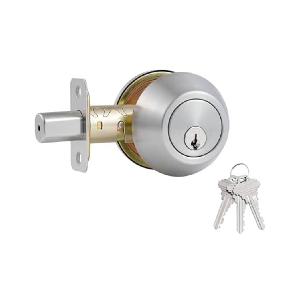 Round satin nickel deadbolt lock with exterior key cylinder and two keys