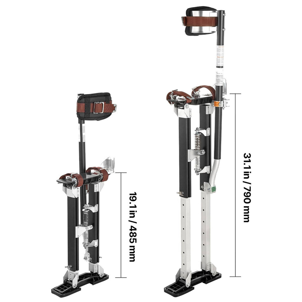 Adjustable drywall stilt with length markings, brown calf straps, and spring-loaded frame supports