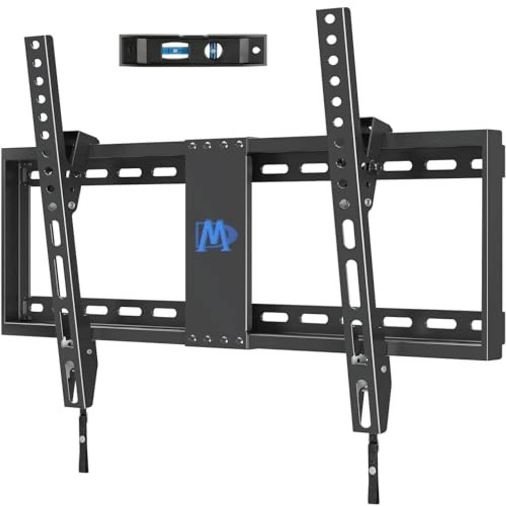 Black tilting TV wall mount bracket with extended side arms and mounting plate