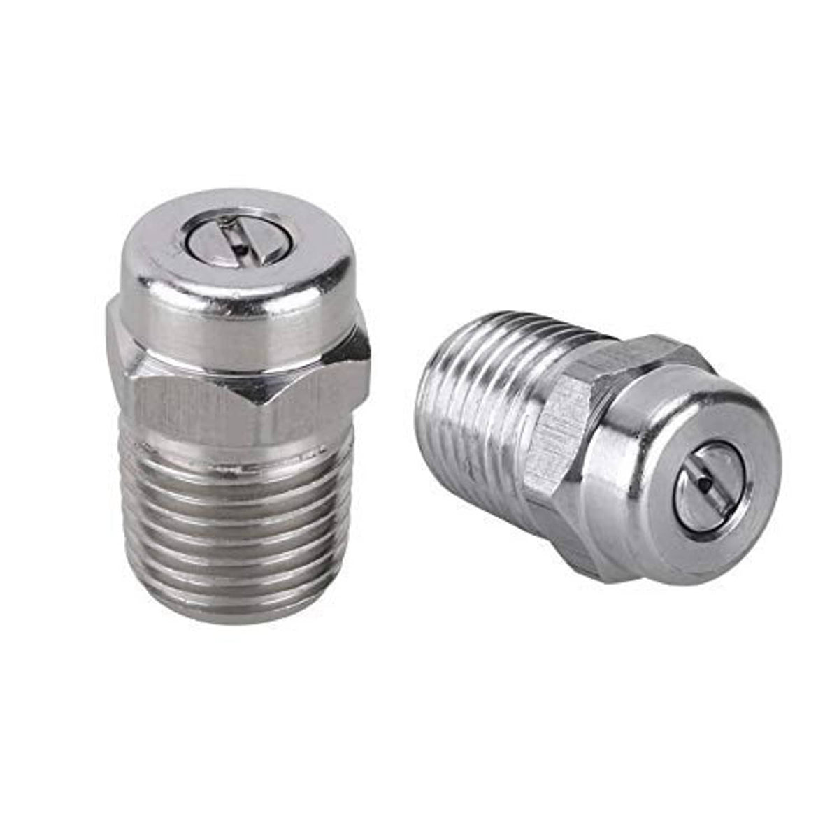 Two stainless steel pressure washer nozzle adapters with threaded male ends and hex collars