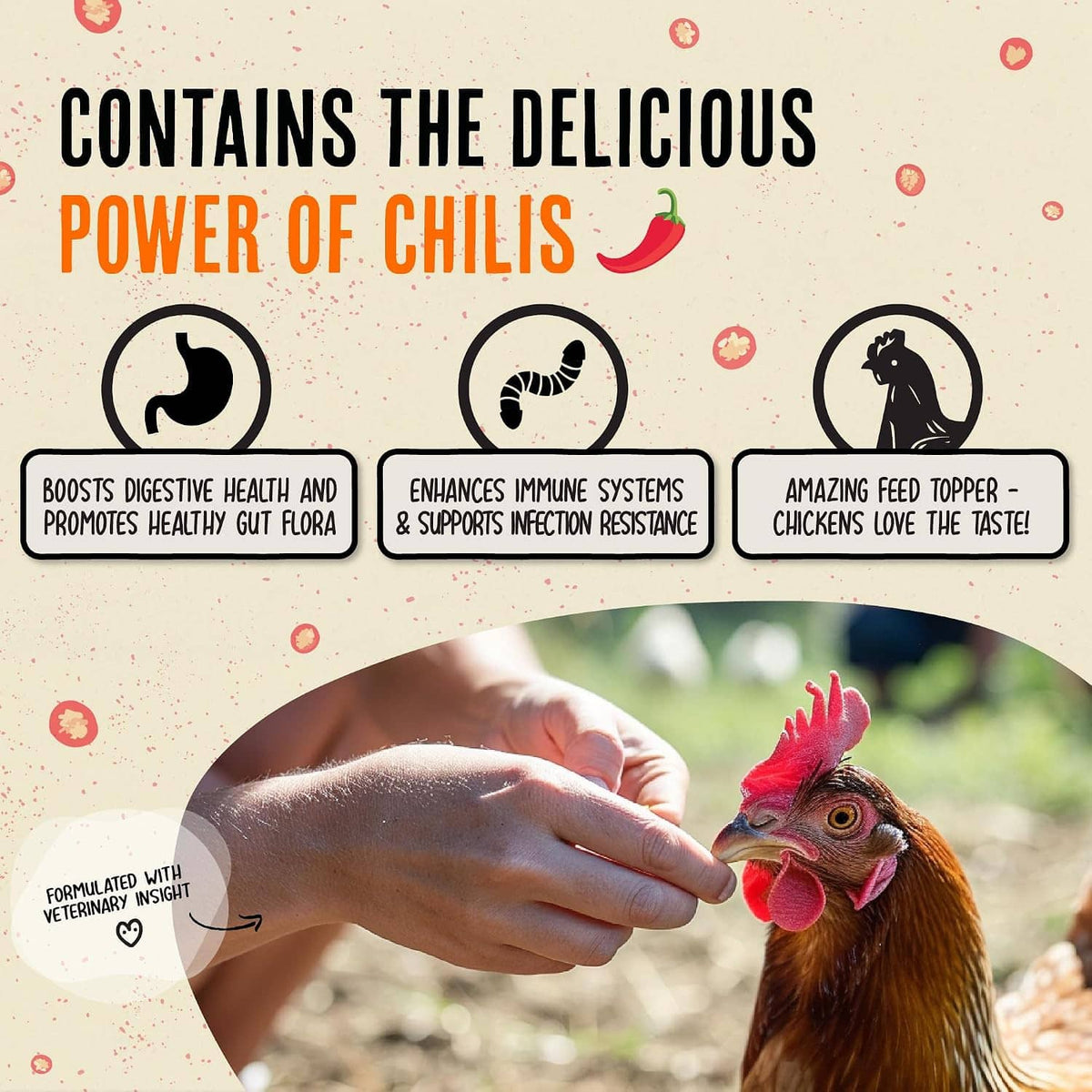 Chili mix pouch benefits panel with digestive health and immune support icons