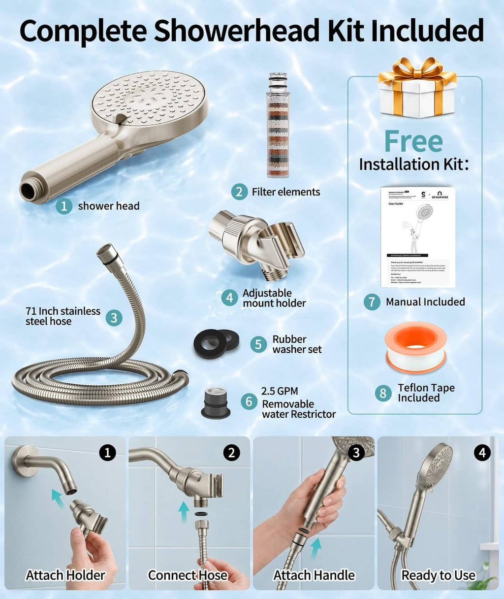 Complete handheld shower head kit with 71 in hose, filter elements, and installation accessories