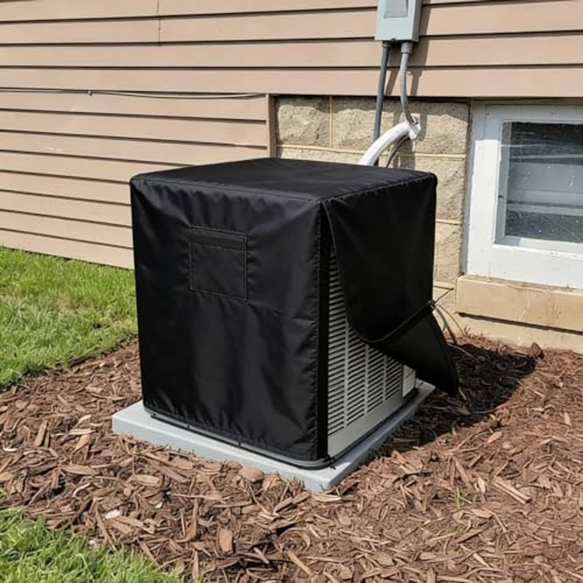 Black outdoor AC unit cover with side vent opening and front square patch, secured.