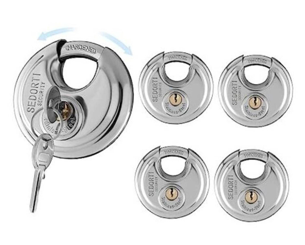 5-pack stainless steel disc padlocks keyed alike, with two keys shown