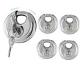 5-pack stainless steel disc padlocks keyed alike, with two keys shown