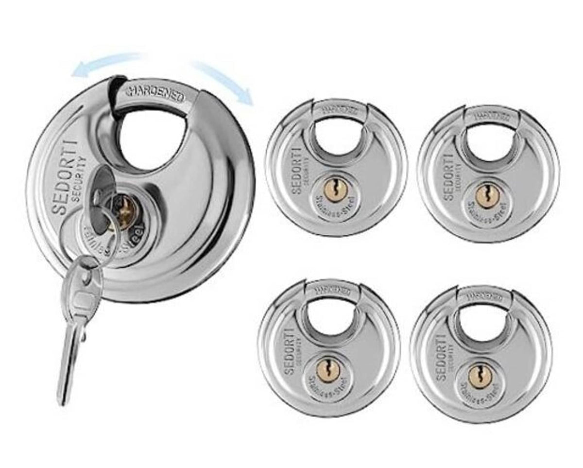 5-pack stainless steel disc padlocks keyed alike, with two keys shown