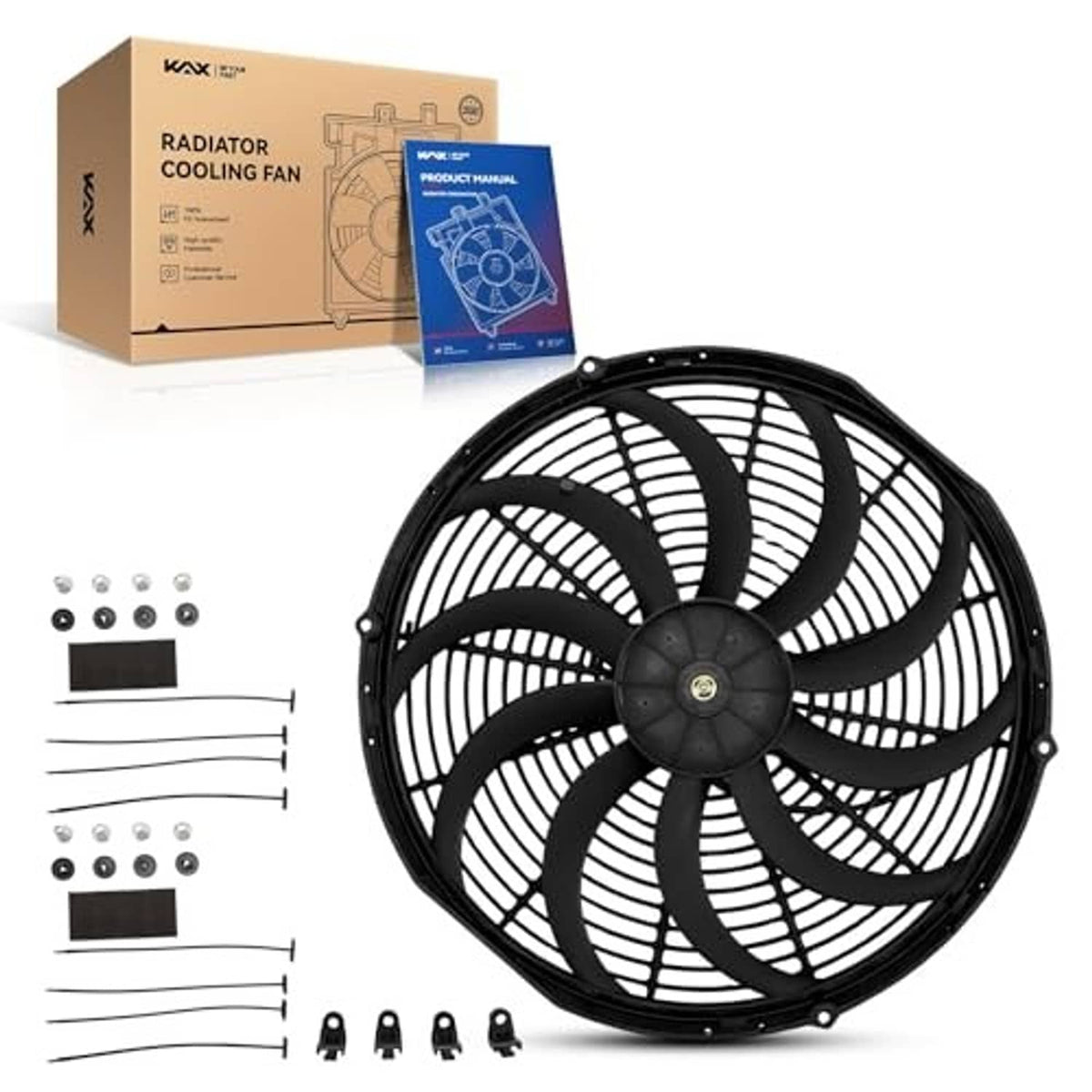 Black radiator cooling fan with mounting hardware and circular grille