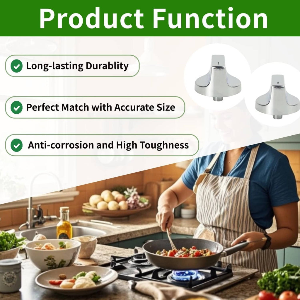 Silver stove control knobs shown on a product feature graphic