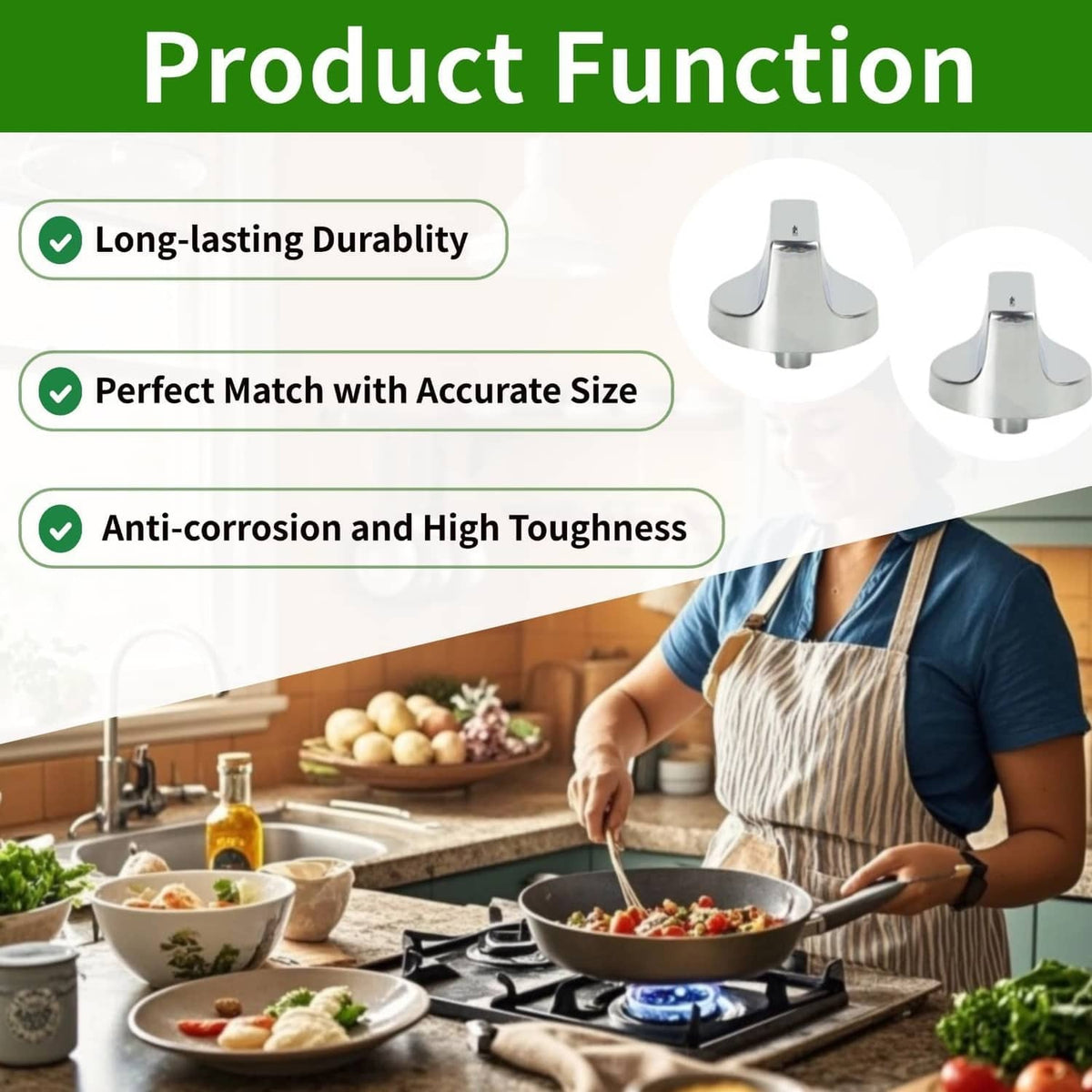 Silver stove control knobs shown on a product feature graphic