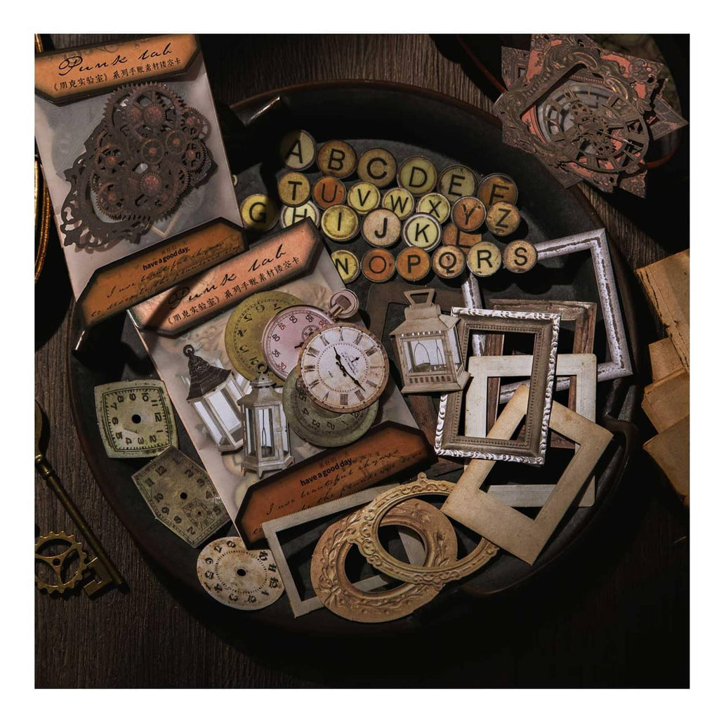 Steampunk junk journal bronze ephemera assortment with gears, keys, frames, and clock parts