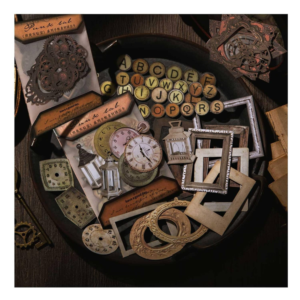 Steampunk junk journal bronze ephemera assortment with gears, keys, frames, and clock parts