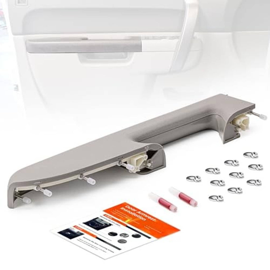 Gray right-side door armrest repair panel with mounting brackets and small parts