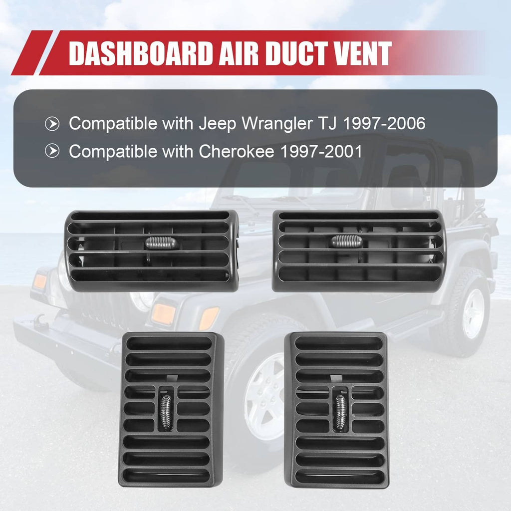 Four black dashboard air vent grilles with horizontal louvers and central knob, front view.