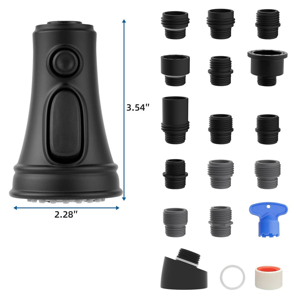 Matte black faucet head replacement with 3.54 in height and compatible adapters