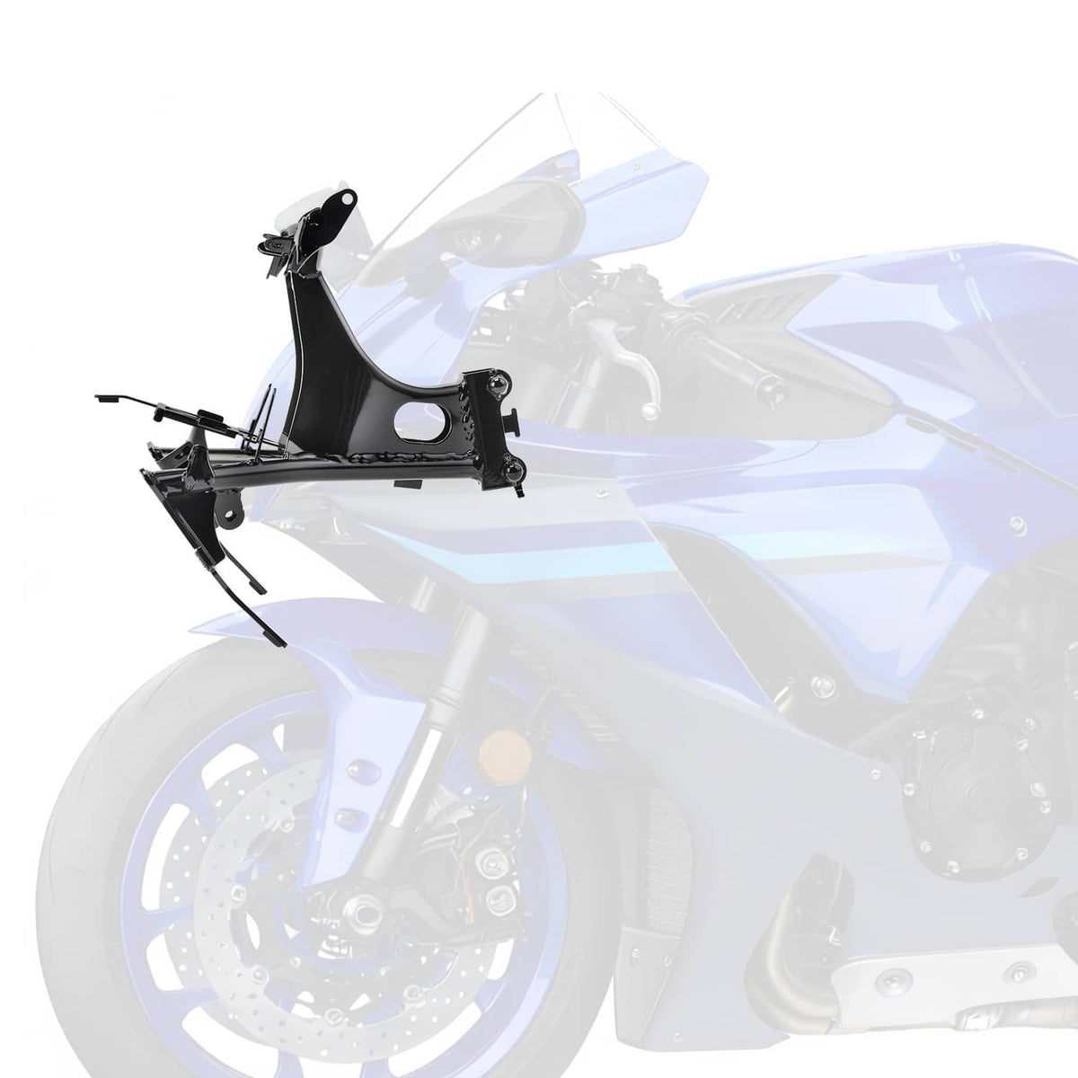 Black front headlight fairing stay bracket and mounting plate over motorcycle front