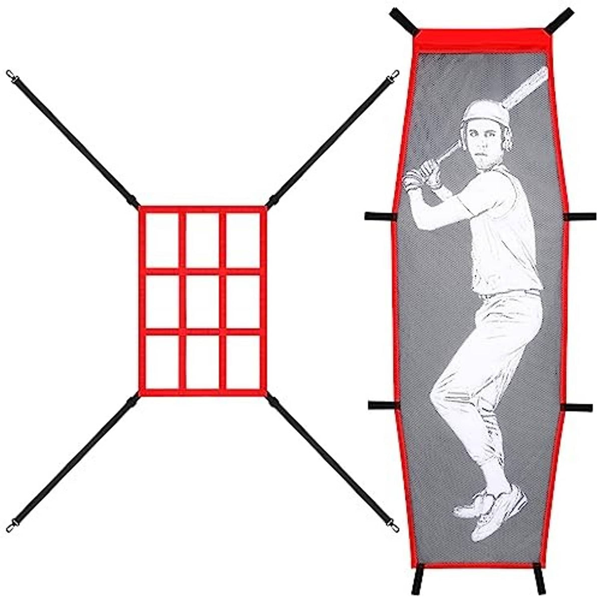 Pitching target with red square strike grid and dummy batter hanging net