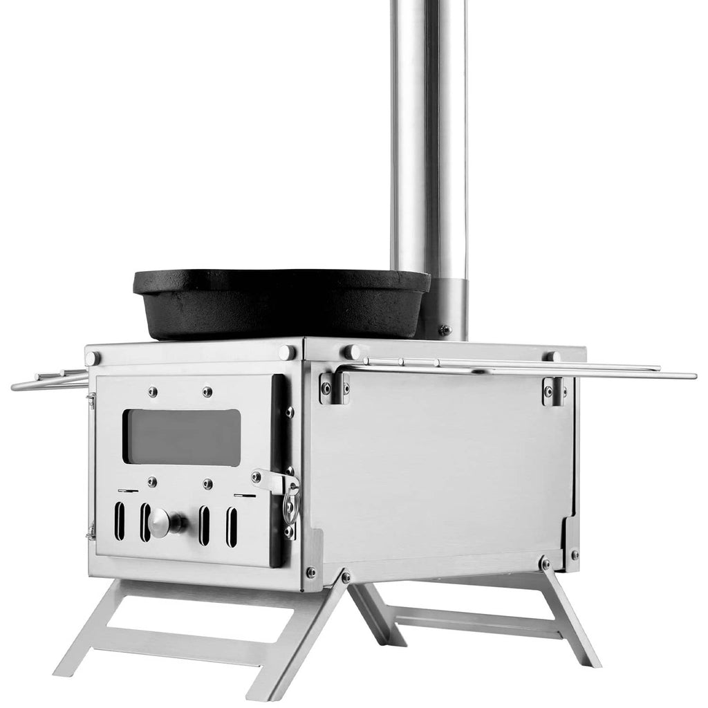 Portable wood stove with chimney pipe, silver metal body and black firebox door