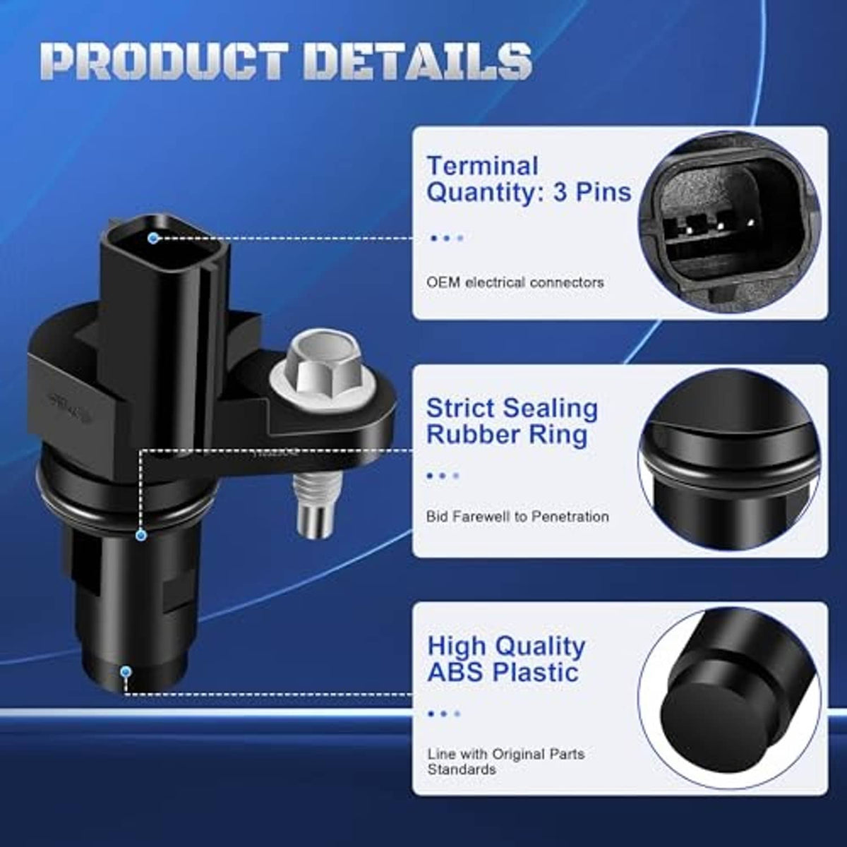 Black crankshaft sensor with three-pin connector, metal shaft, and rubber seal ring