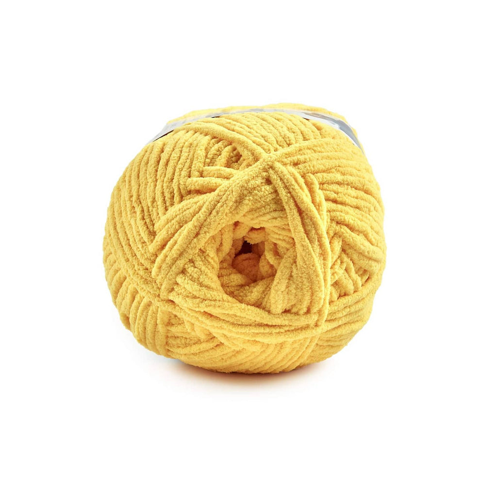 Yellow chenille blanket yarn skein with visible center opening and plush loops