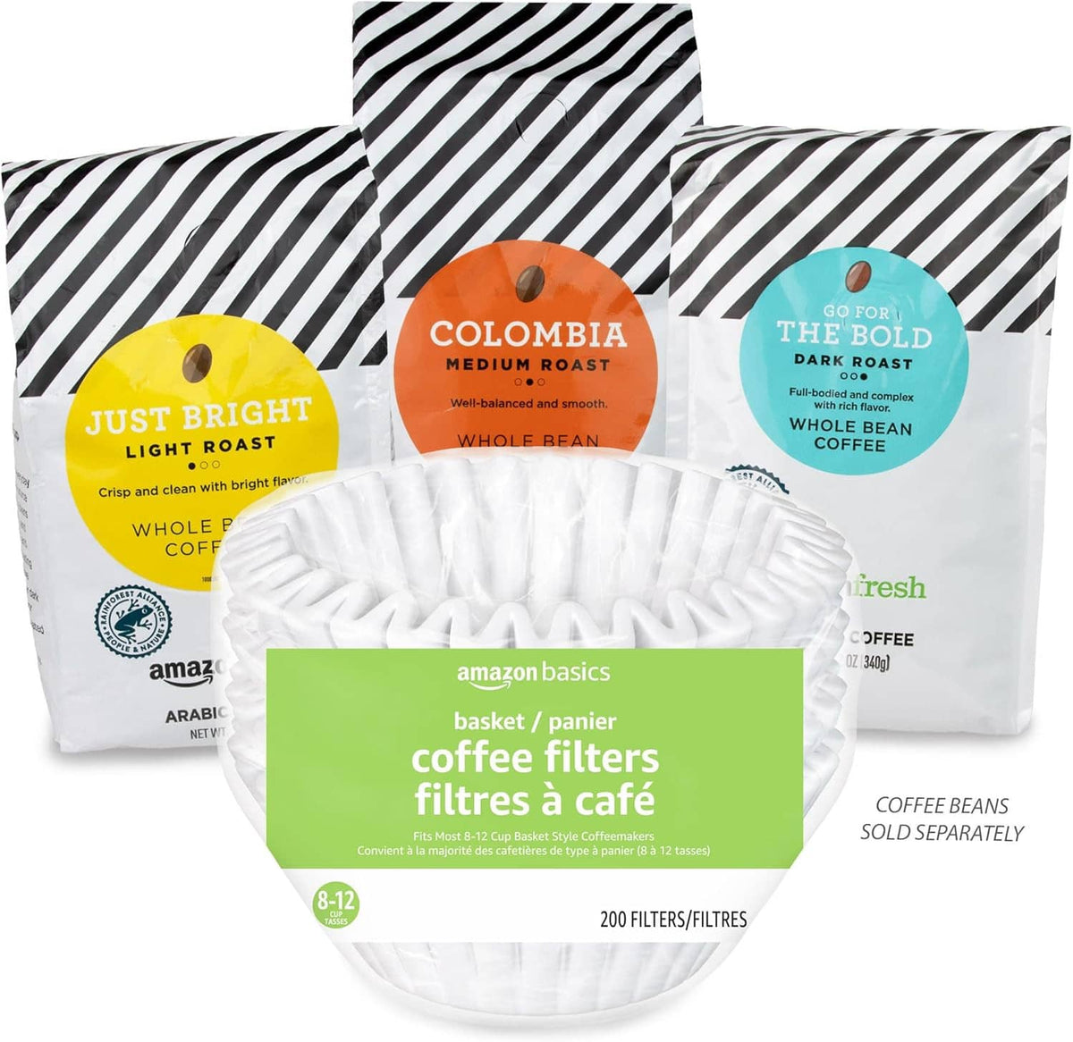 White basket coffee filters with multiple bags and 8–12 cup label