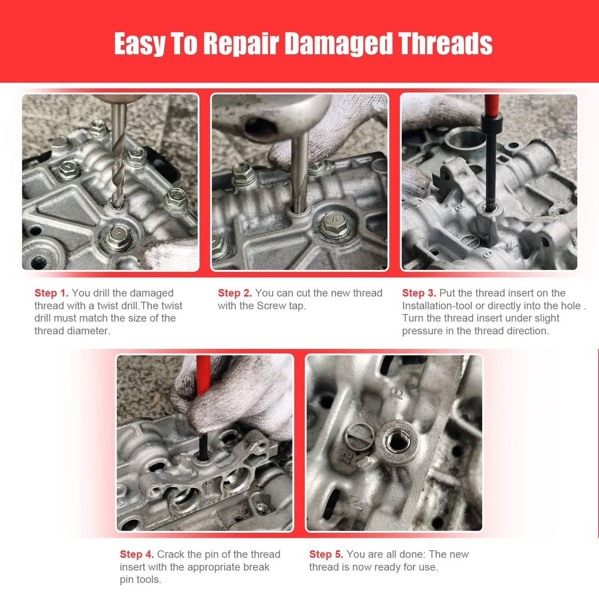 Damaged thread repair steps diagram: drill, cut new thread, insert, and finish
