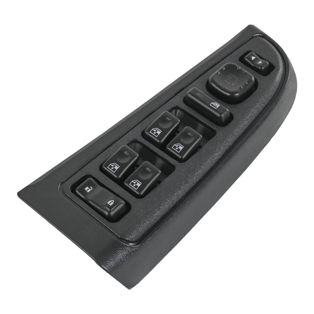 Black driver side power window switch panel with multiple control buttons