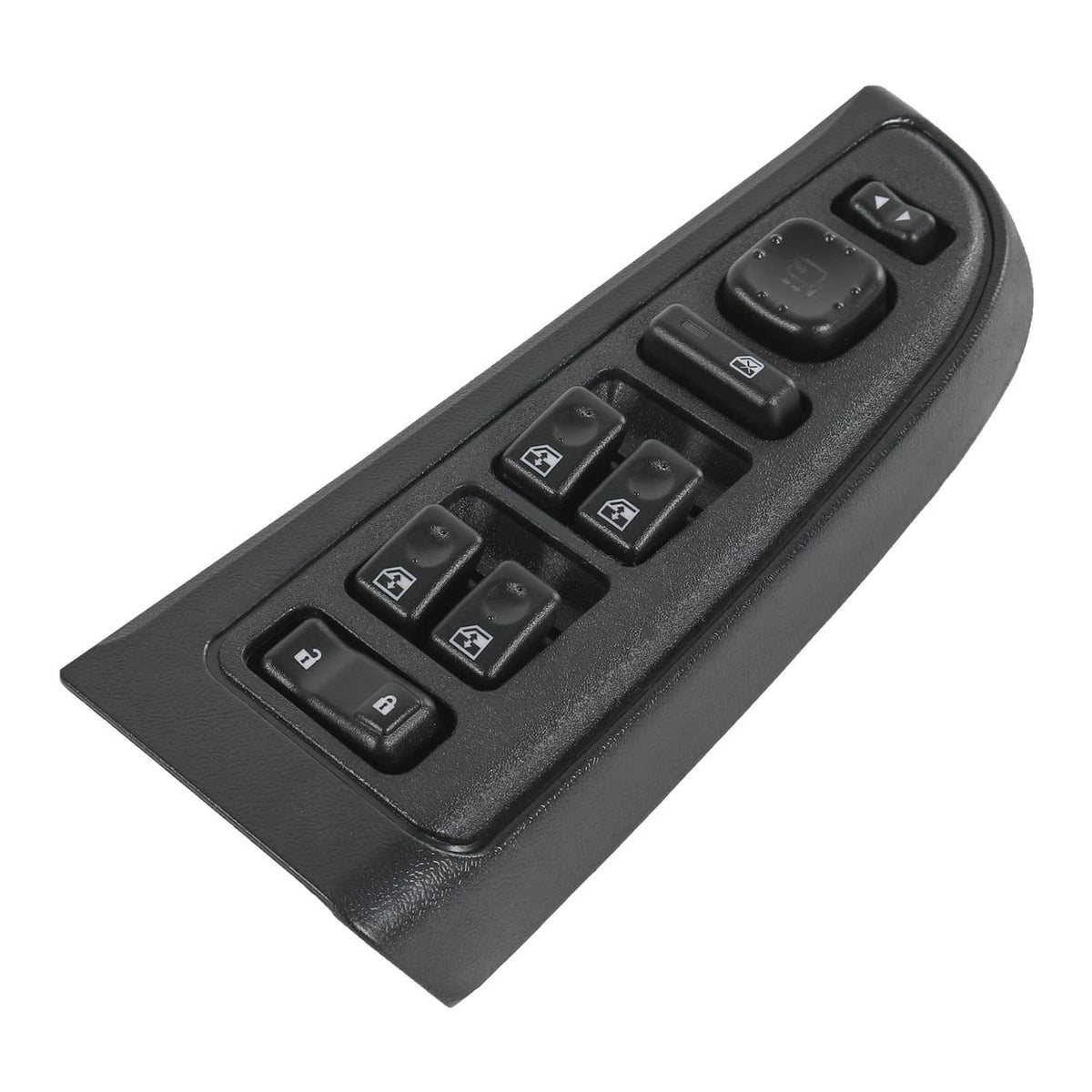 Black driver side power window switch panel with multiple control buttons