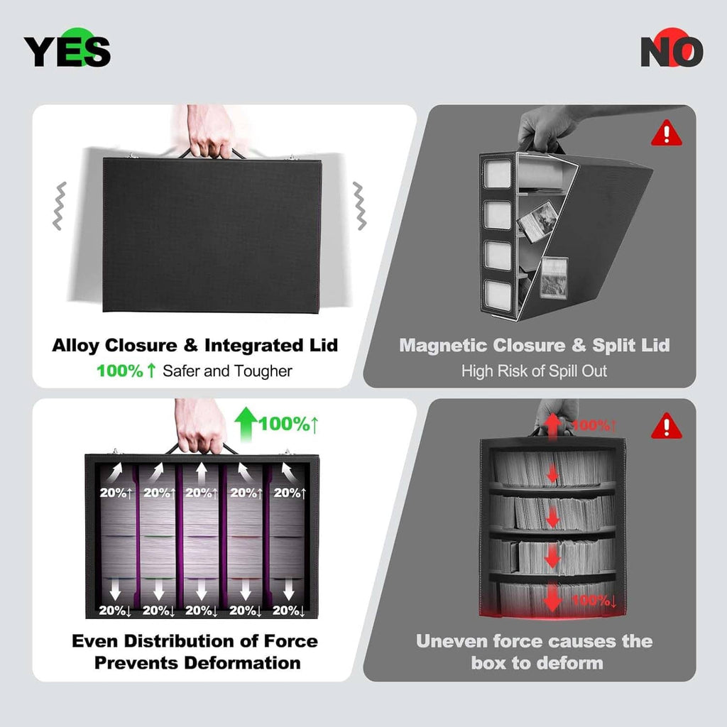 Purple and black trading card storage box showing alloy closure with integrated lid