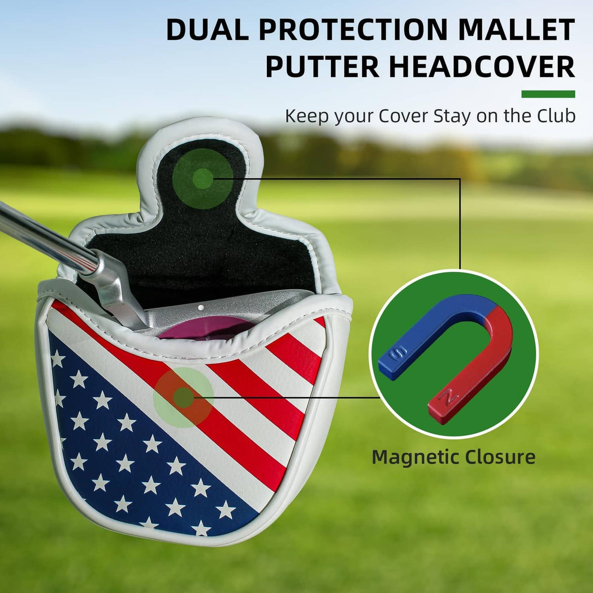 White mallet golf putter head cover on club with U.S. flag design and circular badge