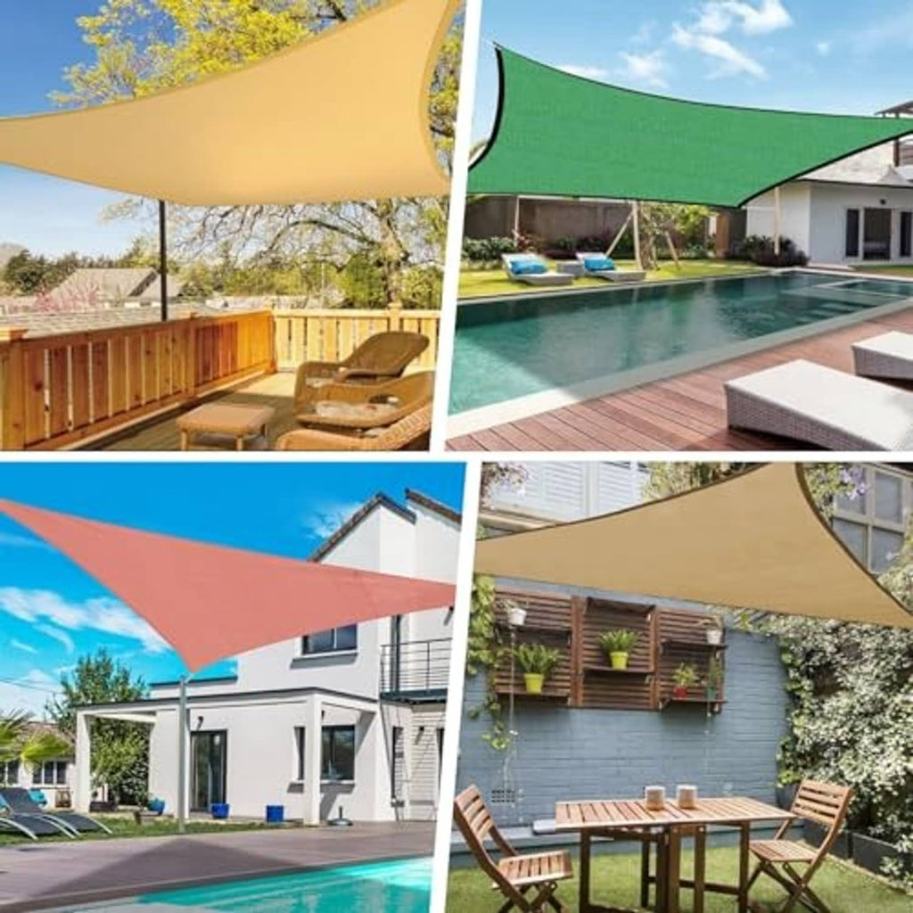 Outdoor shade sail canopy shown in multiple colors over patios and pool areas.