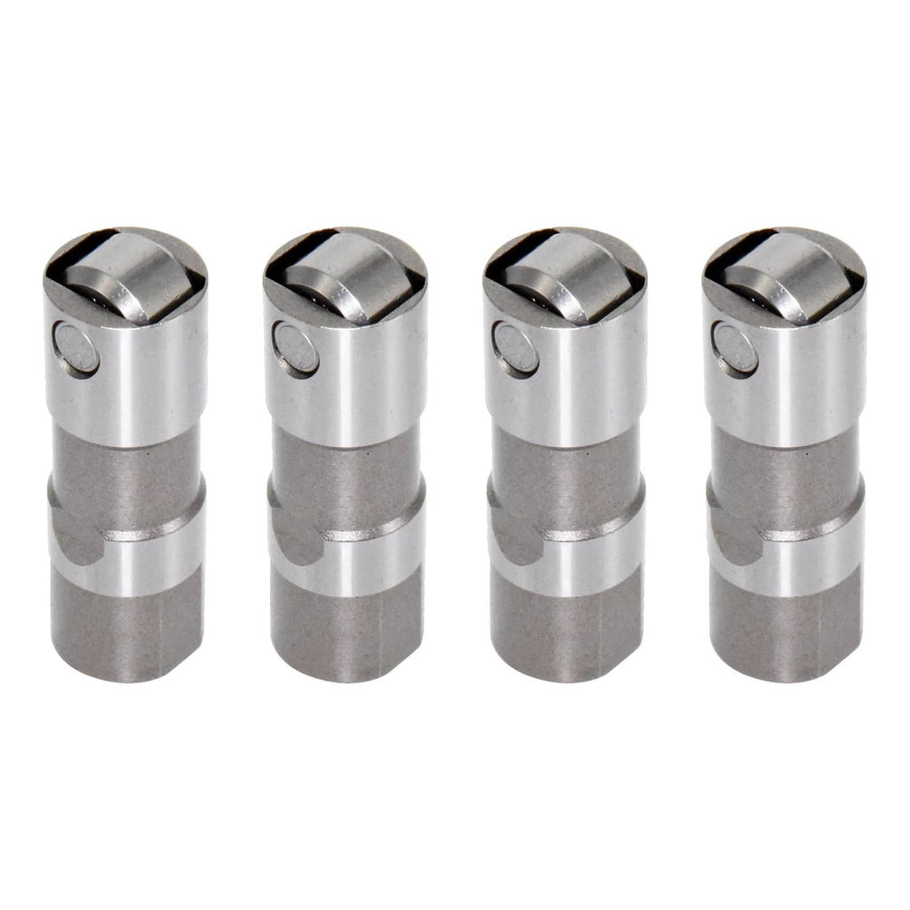 Four silver camshaft lifters with roller ends, close-up set