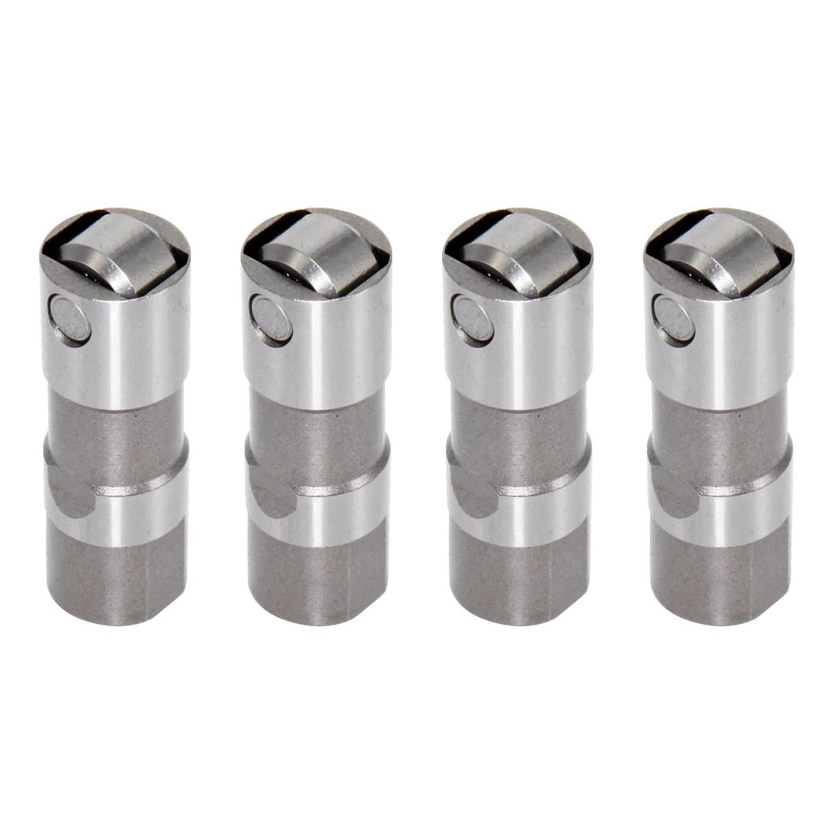 Four silver camshaft lifters with roller ends, close-up set
