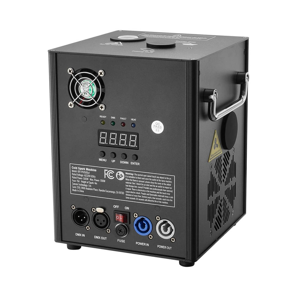 Black cold spark stage machine with control panel, DMX ports, and power controls