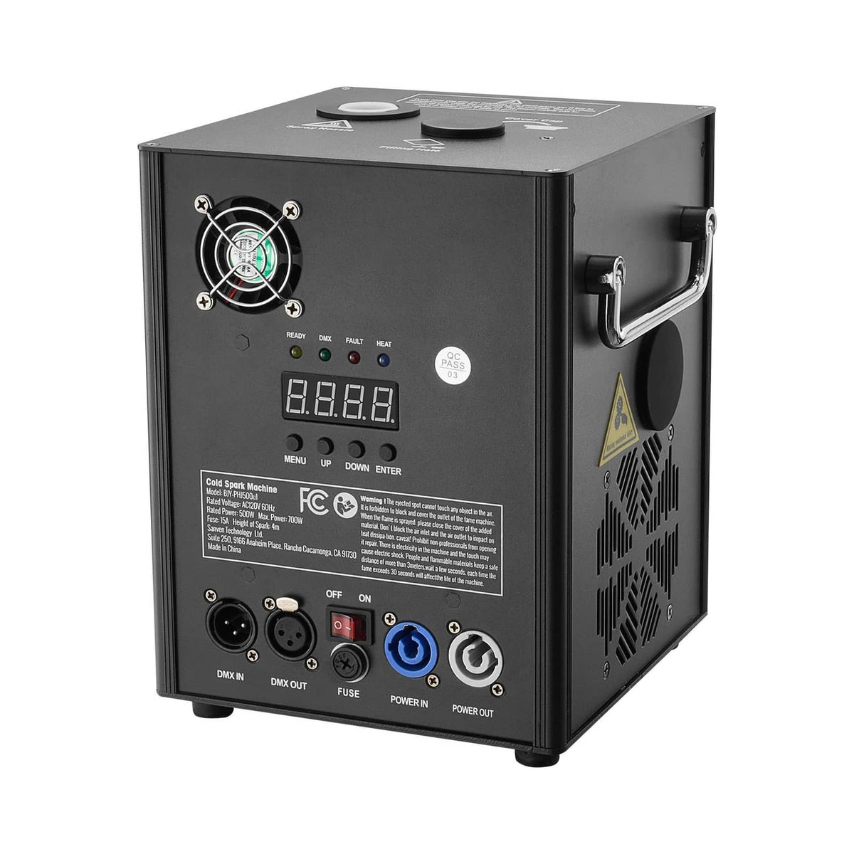 Black cold spark stage machine with control panel, DMX ports, and power controls