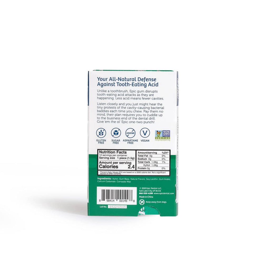 Back of spearmint xylitol sugar-free gum pack with nutrition and ingredients