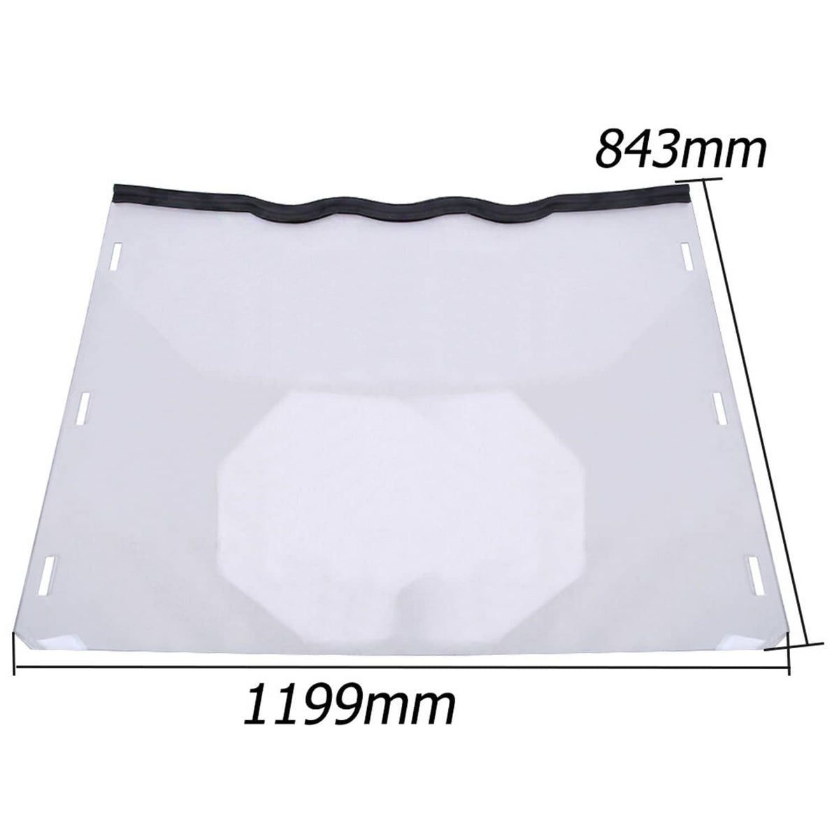 Full windshield with wavy black seal edge; size 1199 x 843 mm
