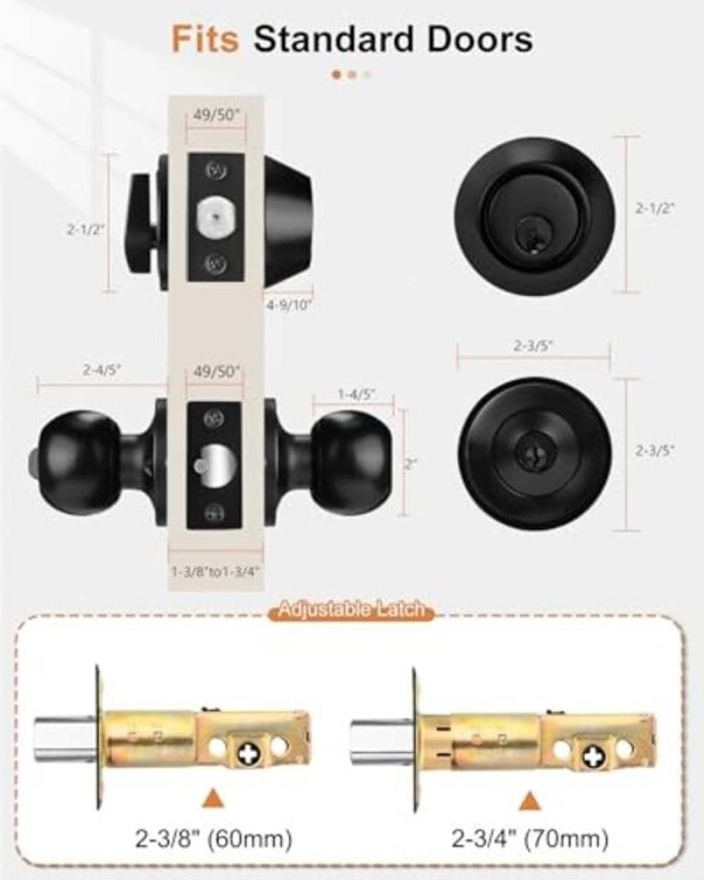 Black keyed entry lockset diagram showing knob and adjustable latch dimensions