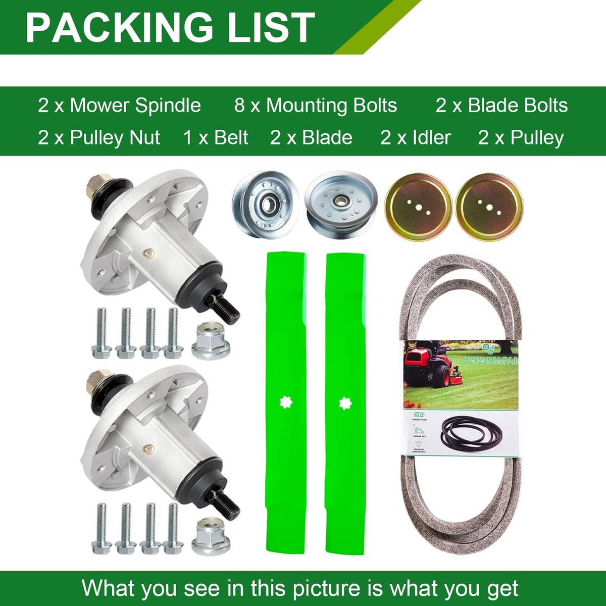 Mower spindle and belt kit contents: spindles, blades, pulleys, idlers, and belt