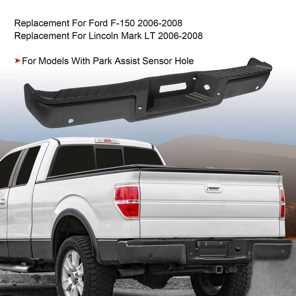 Black rear step bumper with center cutout and sensor hole