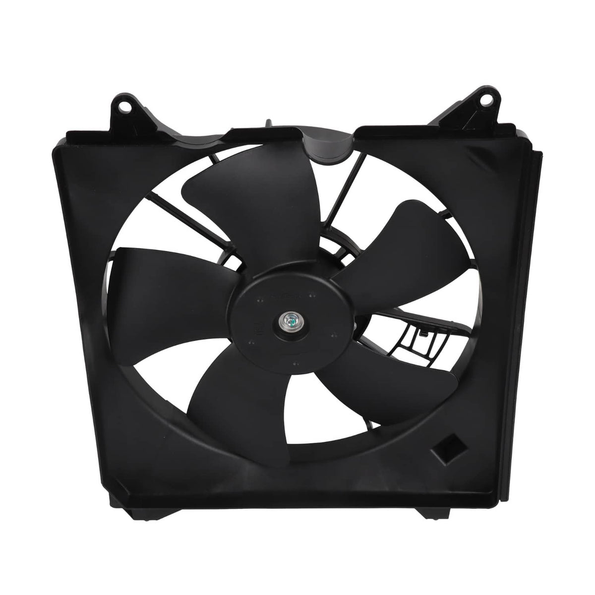 Driver-side radiator cooling fan assembly with black fan blades and square housing
