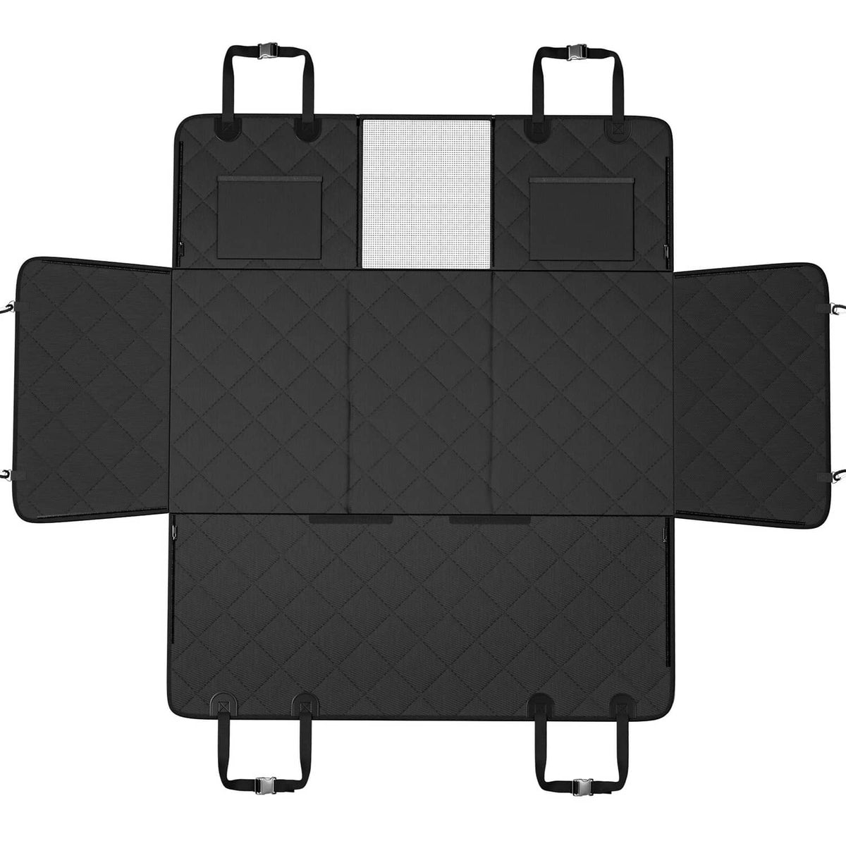Black quilted dog back seat cover with center panel, side flaps, and attachment straps