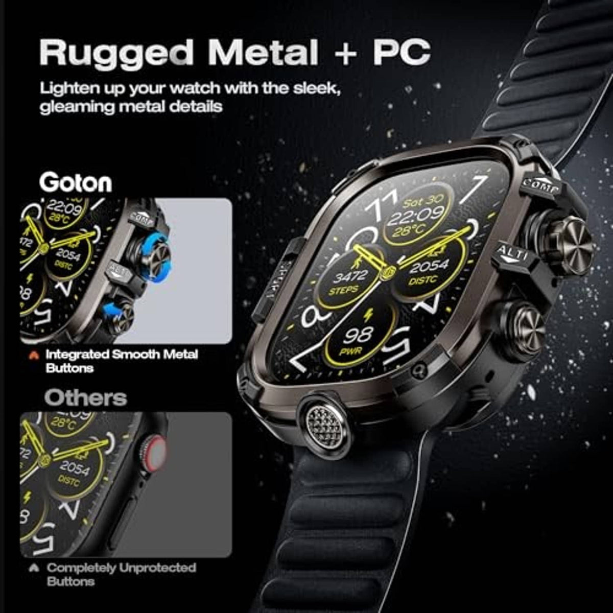 Rugged black metal and PC smartwatch case with integrated side buttons