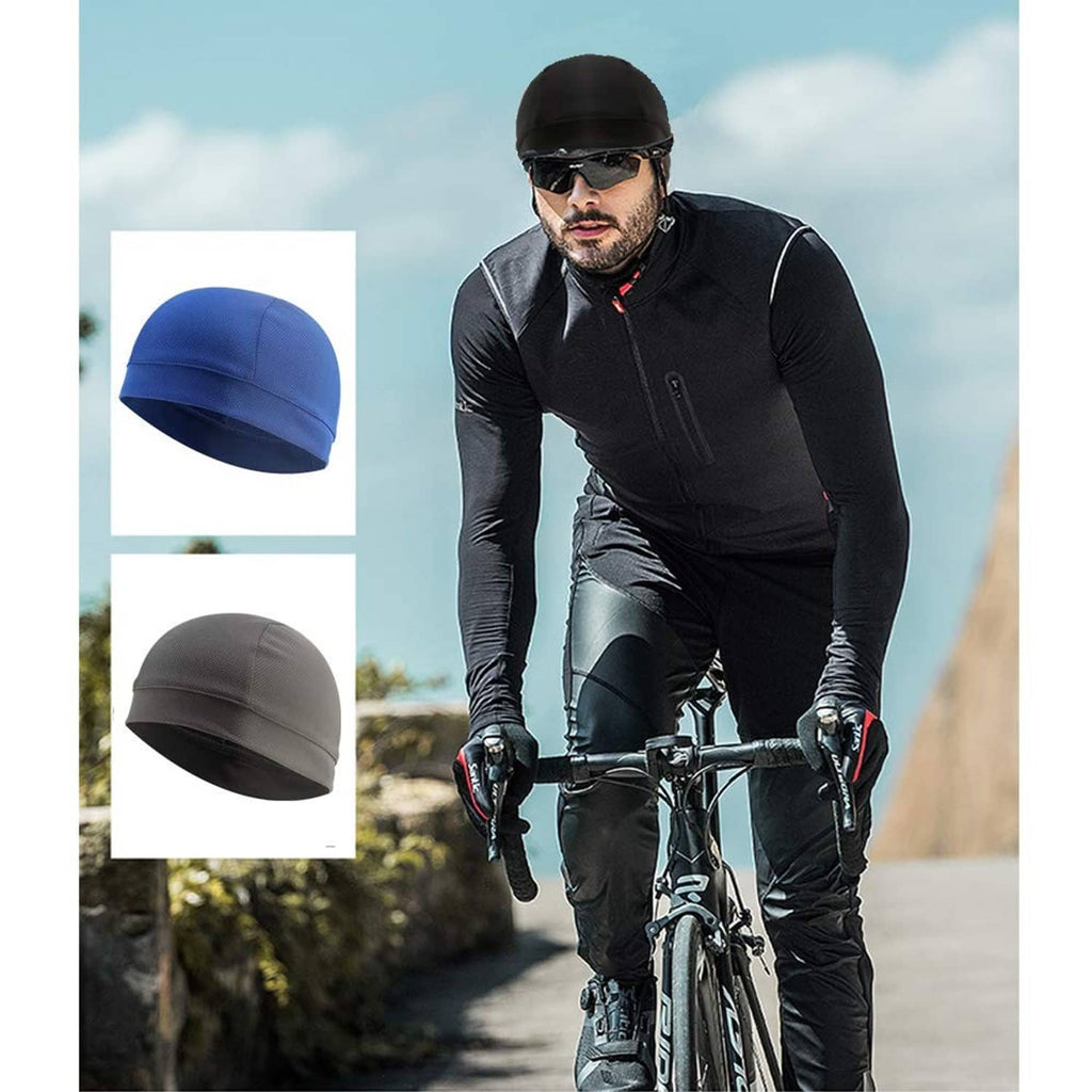 Cooling skull cap set: black and blue, shown worn by a cyclist