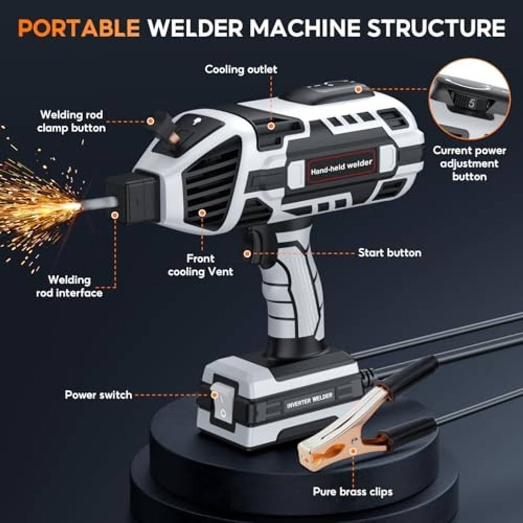 Portable welder showing grip, cooling vents, and brass clamp leads on base